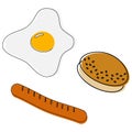 A set of three products for breakfast. Fried egg, bun with sesame seeds, sausage. Fast food.