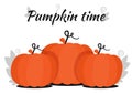 Set of three pumpkins, foxes and inscriptions. Pumpkin time inscription from above. For pumpkin festival, autumn celebration, Royalty Free Stock Photo