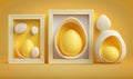 a set of three realistic eggs in a box with shells on a yellow background, with a shadow of a shell, and a shadow of a shell in a