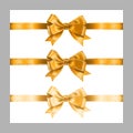 Set of three realistic golden silk ribbon bow with gold glitter shiny stripes, vector illustration elements isolated on white, for Royalty Free Stock Photo