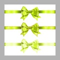 Set of three realistic light green silk ribbon bow with gold glitter shiny stripes, vector illustration elements isolated on white Royalty Free Stock Photo