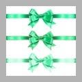 Set of three realistic mint green silk ribbon bow with gold glitter shiny stripes, vector illustration elements isolated on white Royalty Free Stock Photo