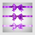 Set of three realistic purple violet silk ribbon bow with gold glitter shiny stripes, vector illustration elements, for decoration Royalty Free Stock Photo