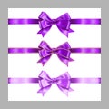 Set of three realistic purple violet silk ribbon bow with gold glitter shiny stripes, vector illustration elements isolated on Royalty Free Stock Photo