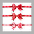 Set of three realistic red silk ribbon bow with gold glitter shiny stripes, vector illustration elements isolated on white, for Royalty Free Stock Photo