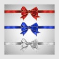 Set of three realistic white, blue and red silk ribbon bow with gold and silver glitter shiny stripes, vector illustration for Royalty Free Stock Photo