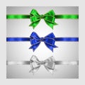 Set of three realistic white, green and blue silk ribbon bow with gold and silver glitter shiny stripes, vector illustration for Royalty Free Stock Photo