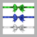 Set of three realistic white, green and blue silk ribbon bow with gold and silver glitter shiny stripes, vector illustration Royalty Free Stock Photo