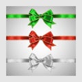 Set of three realistic white, green and red silk ribbon bow with gold and silver glitter shiny stripes, vector illustration for Royalty Free Stock Photo