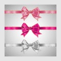 Set of three realistic white and pink silk ribbon bow with gold and silver glitter shiny stripes, vector illustration for Royalty Free Stock Photo