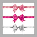 Set of three realistic white and pink silk ribbon bow with gold and silver glitter shiny stripes, vector illustration for Royalty Free Stock Photo