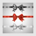 Set of three realistic white, red and black silk ribbon bow with gold and silver glitter shiny stripes, vector illustration for Royalty Free Stock Photo