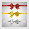 Set of three realistic white, yellow and red silk ribbon bow with gold and silver glitter shiny stripes, vector illustration for Royalty Free Stock Photo