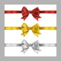 Set of three realistic white, yellow and red silk ribbon bow with gold and silver glitter shiny stripes, vector illustration for Royalty Free Stock Photo