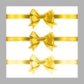 Set of three realistic yellow golden silk ribbon bow with gold glitter shiny stripes, vector illustration elements isolated on Royalty Free Stock Photo