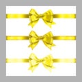 Set of three realistic yellow silk ribbon bow with gold glitter shiny stripes, vector illustration elements isolated on white, for Royalty Free Stock Photo