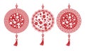 Set of three red Chinese amulets on a white background. Highly realistic illustration