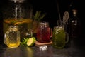 Set of three refreshing summer lemonades with blackberry, kiwi and citrus syrups