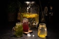 Set of three refreshing summer lemonades with blackberry, kiwi and citrus syrups