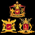 A set of three royal or chivalrous arms on a black background Royalty Free Stock Photo