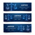 Set of three Scales horizontal banners. Horizontal illustration for homepage design, promo banner. Justice low poly