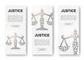 Set of three Scales polygonal vertical banners. 3d Justice low poly symbols with connected dots. Vertical illustration