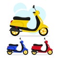 Set of three scooters in different colors on a white background, vector illustration. The concept of online order delivery. You Royalty Free Stock Photo