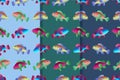 Set of three seamless patterns with fish swimming in the sea. Colorful illustration