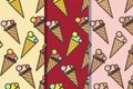 Set of three seamless patterns with ice cream cones in one style