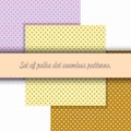A set of three seamless polka dot patterns in blue-pink, yellow, orange-blue colors