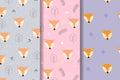 Set of three Seamless vector pattern of a Fox face in the forest. Scandinavian style, Background wallpaper for printing. Children Royalty Free Stock Photo