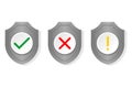 Shield security status icons with check mark cross and warning sign flat vector illustration for web and app interface design Royalty Free Stock Photo
