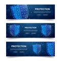 Set of three Shield horizontal banners. Horizontal illustration for homepage design, promo banner. Antivirus low poly