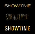 Set three of Showtime golden text word with light reflection effect lettering isolated on black. 3D illustration rendering Royalty Free Stock Photo