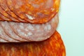 Set of three sliced Spanish sausages, two kind of chorizo and salchichon, cured and dried pork salami sausages Royalty Free Stock Photo