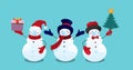 Set of three snowmen in medical masks, New Year and Christmas 2021, coronavirus epidemic. Flat vector illustration. Cartoon design