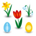 Set of three spring flowers and two easter eggs with pattern - red tulip, yellow daffodil and white snowdrop Royalty Free Stock Photo