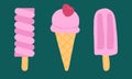 Set of three stylized ice creams: a twirled popsicle, a scooped cone with a cherry, and a classic ice lolly, all in playful pink Royalty Free Stock Photo