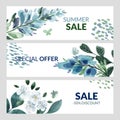 Set of three summer banners with blue watercolor florals Royalty Free Stock Photo