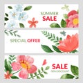 Set of three summer banners with red watercolor florals Royalty Free Stock Photo