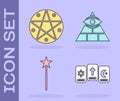 Set Three tarot cards, Pentagram in a circle, Magic wand and Masons icon. Vector