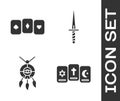 Set Three tarot cards, Playing cards, Dream catcher with feathers and Dagger icon. Vector