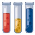 Set of three test tubes with liquids of red, yellow and blue and different levels of liquid inside, isolated object on a Royalty Free Stock Photo