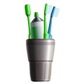 Set of three toothbrushes, toothpaste and cup Royalty Free Stock Photo