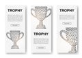 Set of three Trophy cup polygonal vertical banners. 3d Award low poly symbols with connected dots. Vertical illustration