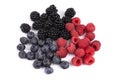 Top view on blackberries, blueberries and raspberries laying on white background