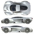 A set of three types of racing concept car in gray. Side view and top view. 3d illustration.