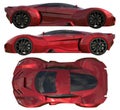 A set of three types of racing concept car in red. Side view and top view. 3d illustration.