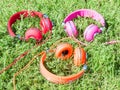 Set of three varicolored colorful headphones