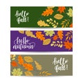 Set of three vector banners with red, orange, brown, purple and yellow autumn leaves Royalty Free Stock Photo